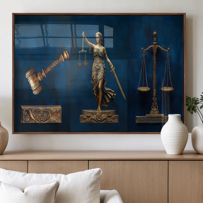 91629053-MGV-FP-36X24-3P_Walnut-Lady Justice Wall Art – Golden Gavel and Scales Canvas Print, Elegant Legal Office Decor for Lawyers, Judges, Courtroom or Study