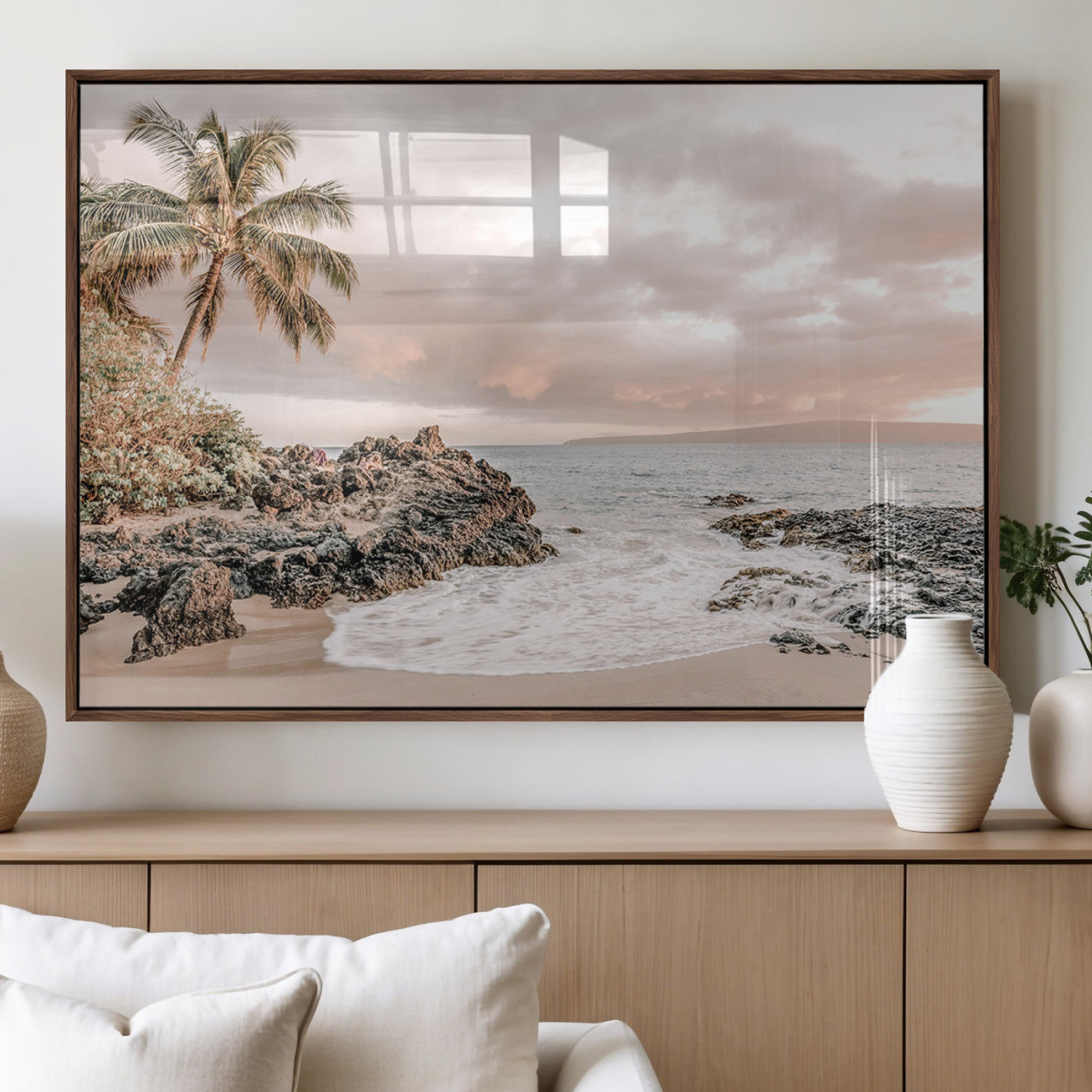 14214613-MGV-FP-36X24-3P_Walnut-Tropical Beach Wall Art – Palm Tree and Ocean Sunset Canvas Print, Relaxing Coastal Landscape Decor for Living Room, Bedroom, or