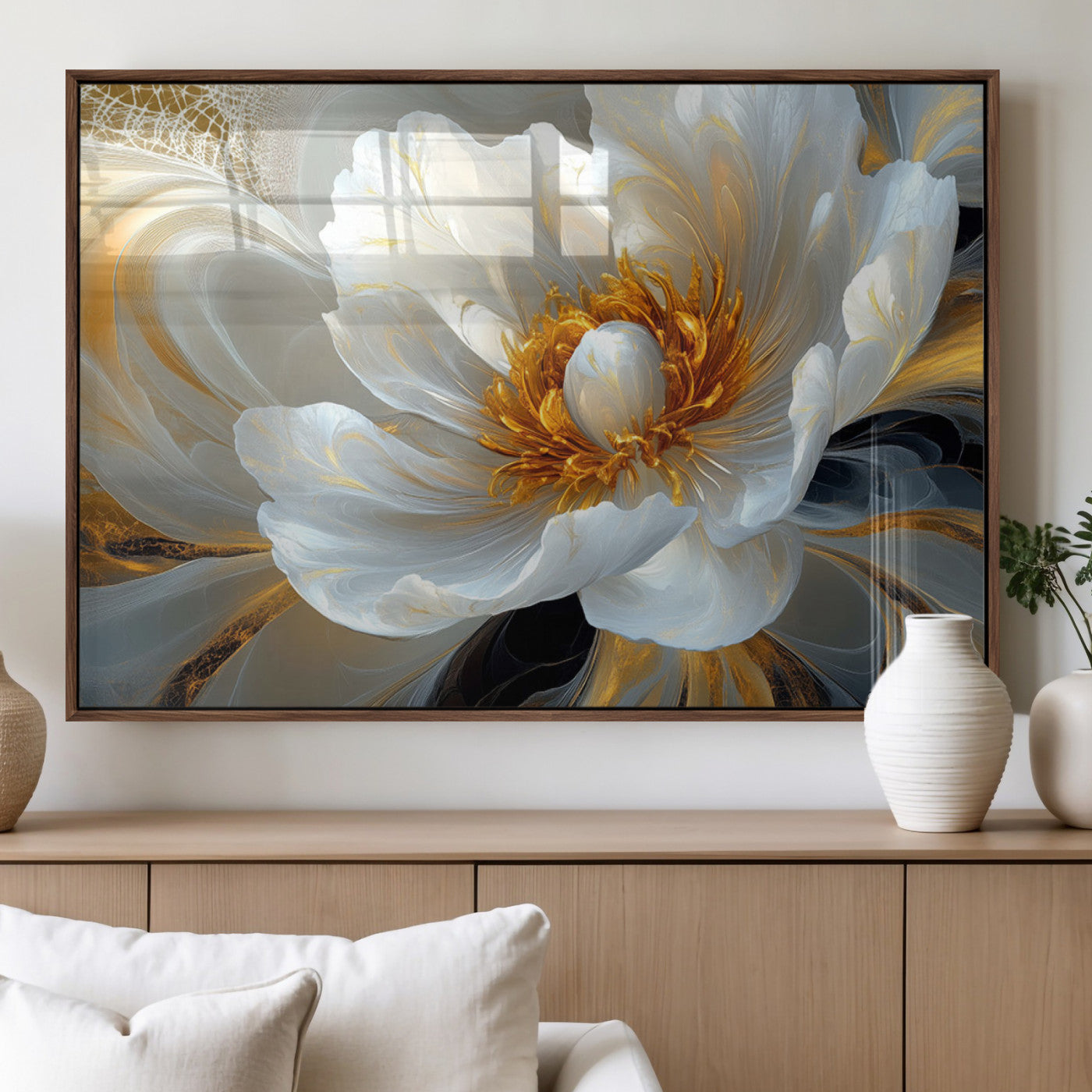 39604126-MGV-FP-36X24-3P_Walnut-Abstract Flower Wall Art – Elegant White and Gold Bloom Canvas Print, Modern Floral Artwork for Bedroom, Living Room, or Office