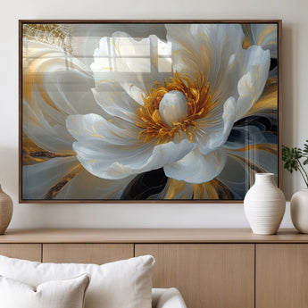 39604126-MGV-FP-36X24-3P_Walnut-Abstract Flower Wall Art – Elegant White and Gold Bloom Canvas Print, Modern Floral Artwork for Bedroom, Living Room, or Office