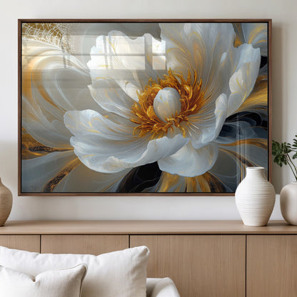 39604126-MGV-FP-36X24-3P_Walnut-Abstract Flower Wall Art – Elegant White and Gold Bloom Canvas Print, Modern Floral Artwork for Bedroom, Living Room, or Office