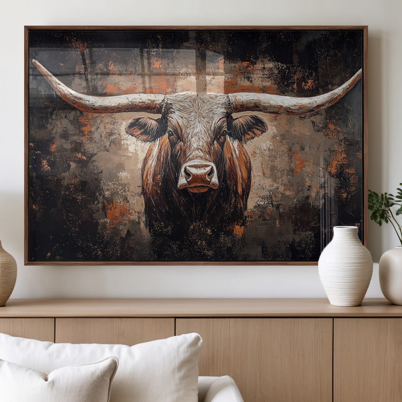 24779067-MGV-FP-36X24-3P_Walnut-Longhorn Bull Wall Art – Western Rustic Canvas Print, Bold Cowboy Cattle Painting for Ranch House, Farmhouse, Office, or Living