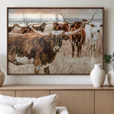 47758300-MGV-FP-36X24-3P_Walnut-Texas Longhorn Cattle Wall Art – Rustic Western Herd Canvas Print, Cowboy Ranch Farmhouse Decor for Living Room, Office, or