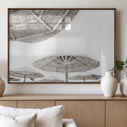 97043123-MGV-FP-36X24-3P_Walnut-Beach Umbrella Wall Art – Minimalist Coastal Canvas Print, Woven Parasol Summer Decor for Bedroom, Living Room, or Modern Beach