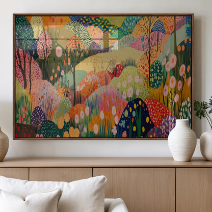 79636380-MGV-FP-36X24-3P_Walnut-Colorful Abstract Landscape Wall Art – Vibrant Hills and Flowers Canvas Print, Modern Whimsical Artwork for Living Room, Bedroom,