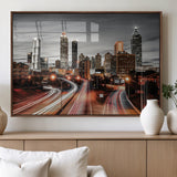 59097239-MGV-FP-36X24-3P_Walnut-City Skyline Wall Art – Modern Black and White Night Canvas Print with Red Light Trails, Urban Landscape Decor for Living Room or