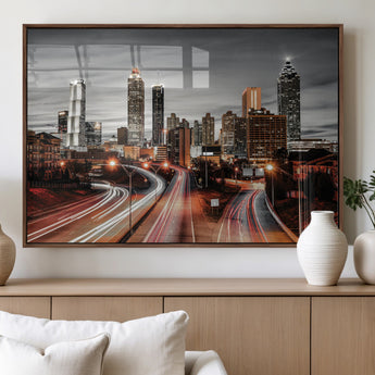 59097239-MGV-FP-36X24-3P_Walnut-City Skyline Wall Art – Modern Black and White Night Canvas Print with Red Light Trails, Urban Landscape Decor for Living Room or