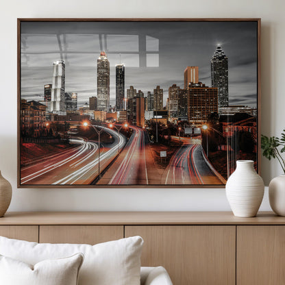 59097239-MGV-FP-36X24-3P_Walnut-City Skyline Wall Art – Modern Black and White Night Canvas Print with Red Light Trails, Urban Landscape Decor for Living Room or