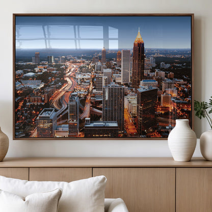 25096967-MGV-FP-36X24-3P_Walnut-Atlanta Skyline Wall Art – Vibrant Cityscape Canvas Print, Modern Night Lights Urban Decor for Office, Living Room, or Apartment