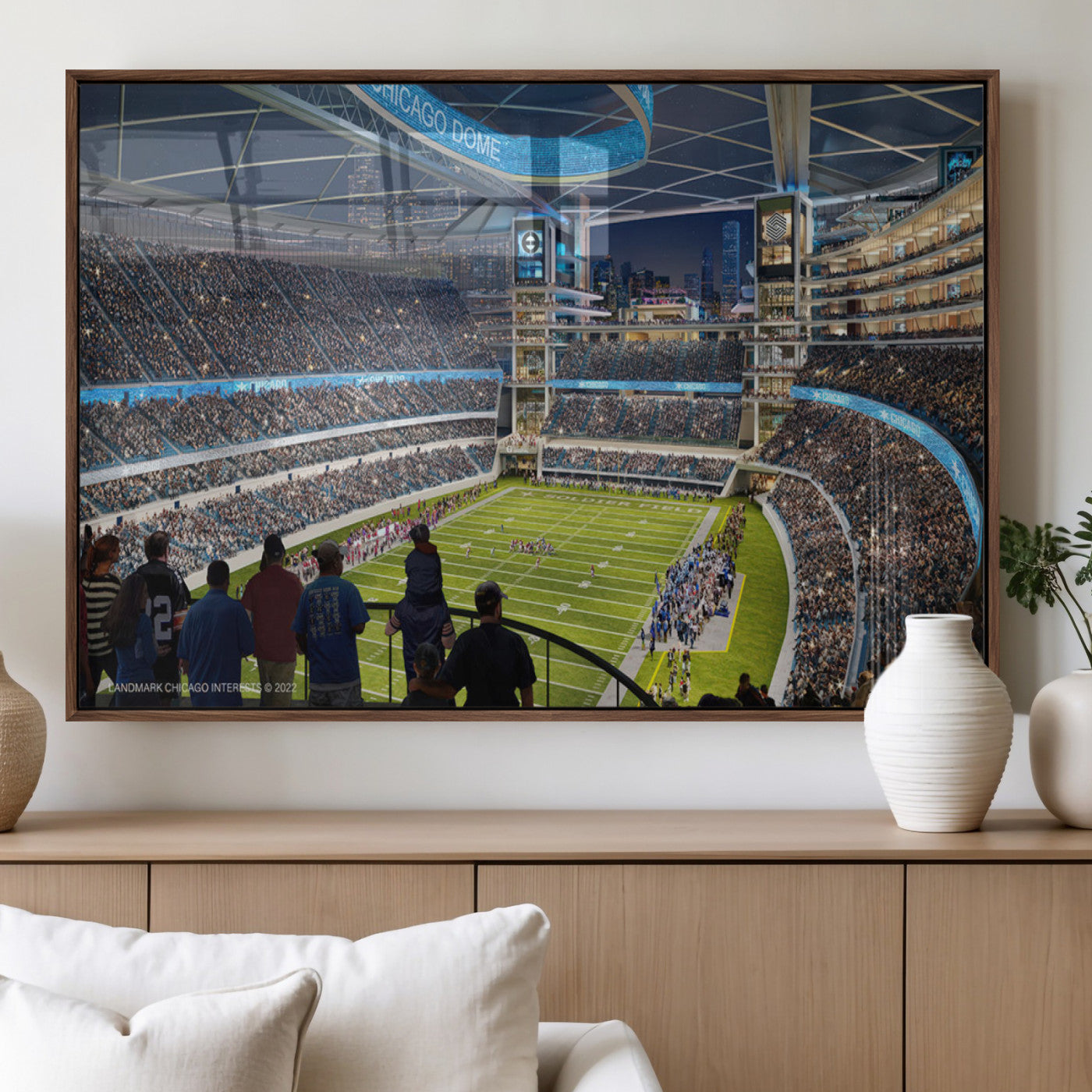 41816511-MGV-FP-36X24-3P_Walnut-Chicago Dome Stadium Wall Art – Futuristic Football Arena Canvas Print, Modern Sports Fan Decor for Man Cave, Office, Bar, or