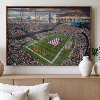 98106777-MGV-FP-36X24-3P_Walnut-Soldier Field Wall Art – Chicago Bears Stadium Canvas Print with American Flag, Game Day Football Decor for Man Cave, Bar, or