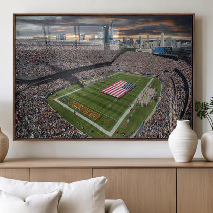 98106777-MGV-FP-36X24-3P_Walnut-Soldier Field Wall Art – Chicago Bears Stadium Canvas Print with American Flag, Game Day Football Decor for Man Cave, Bar, or