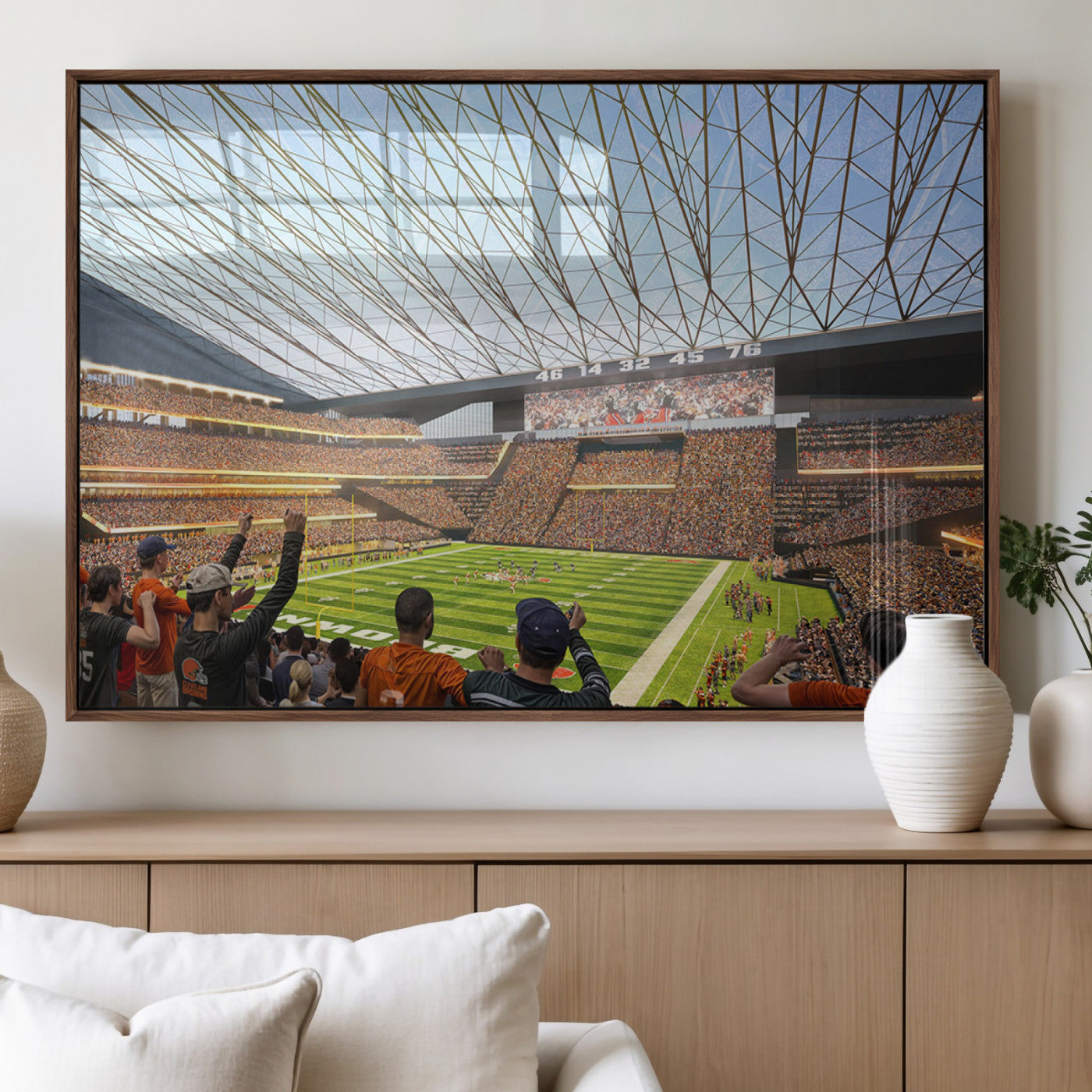 81960112-MGV-FP-36X24-3P_Walnut-Futuristic Football Stadium Wall Art – Modern Dome Arena Canvas Print, Chicago Bears Concept Design Sports Decor for Man Cave or