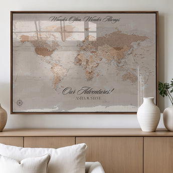 95243244-MGV-FP-36X24-3P_Walnut-Wander Often Wonder Always World Map Wall Art – Neutral Beige Adventure Canvas Print, Rustic Boho Travel Decor for Bedroom, Living