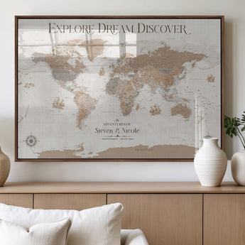 63516865-MGV-FP-36X24-3P_Walnut-Explore Dream Discover World Map Wall Art – Inspirational Travel Adventure Canvas Print, Neutral Parchment Style Explorer Decor