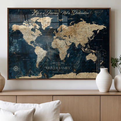 36970886-MGV-FP-36X24-3P_Walnut-Life is a Journey Not a Destination World Map Rustic Navy Beige Vintage Travel Wall Art Adventure Quote Canvas Print for Home