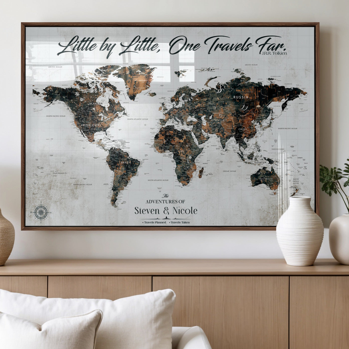 88337180-MGV-FP-36X24-3P_Walnut-Little by Little One Travels Far Tolkien Quote World Map Rustic Black Brown Adventure Wall Art Canvas Print for Home Office Living