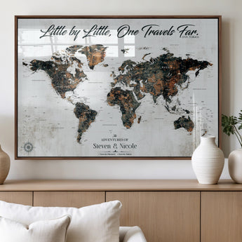 88337180-MGV-FP-36X24-3P_Walnut-Little by Little One Travels Far Tolkien Quote World Map Rustic Black Brown Adventure Wall Art Canvas Print for Home Office Living
