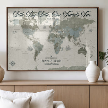10693204-MGV-FP-36X24-3P_Walnut-Little By Little One Travels Far Tolkien Quote Blue Green World Map Adventure Wall Art Canvas Print Rustic Wanderlust Travel Decor
