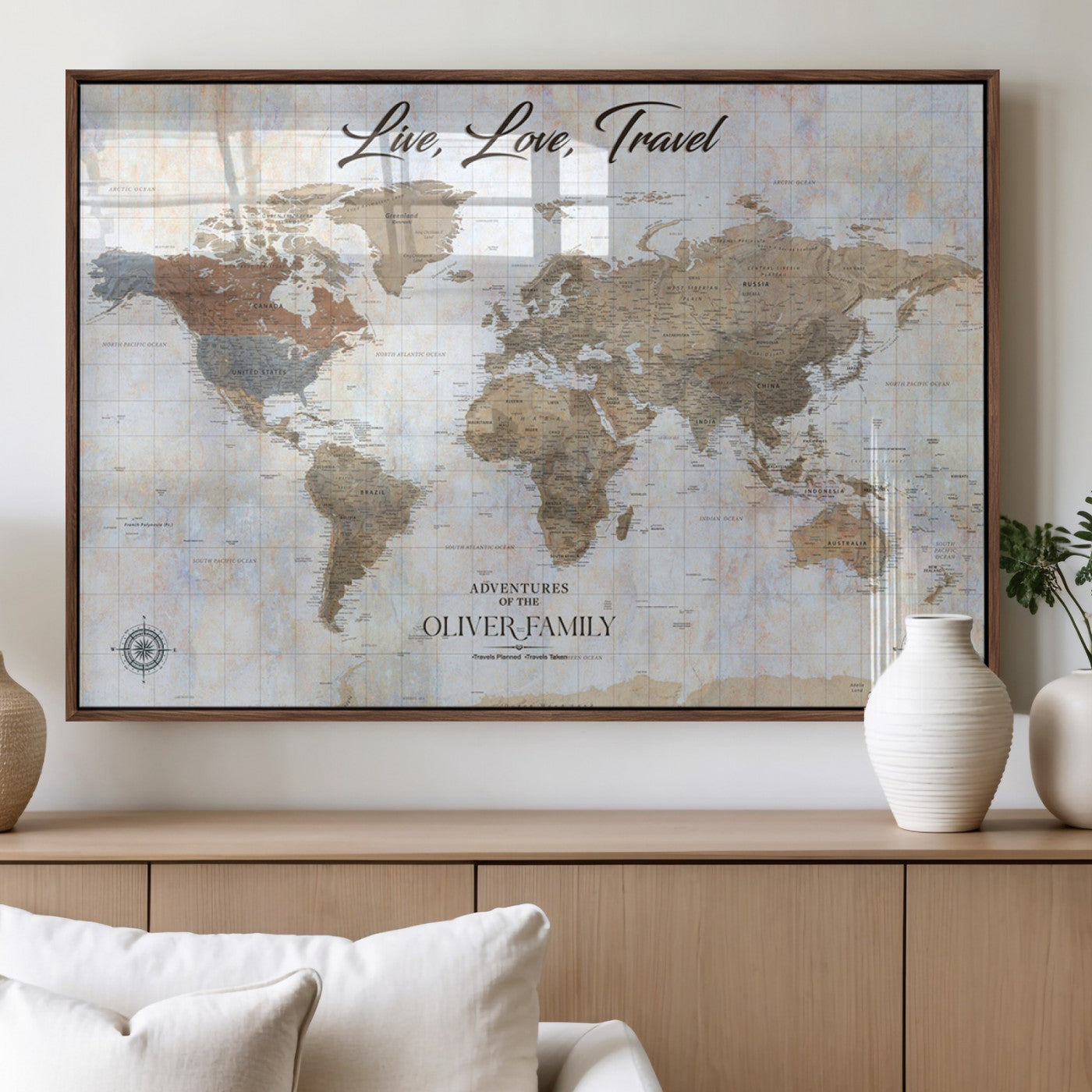 43924907-MGV-FP-36X24-3P_Walnut-Live Love Travel Wall Art – Neutral World Map Canvas Print, Rustic Adventure Decor for Home, Office or Living Room, Unique Gift