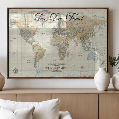 19479008-MGV-FP-36X24-3P_Walnut-Live Love Travel Wall Art – Detailed World Map Canvas Print, Adventure Decor for Living Room, Office or Bedroom, Travel Gift for