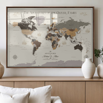 38723540-MGV-FP-36X24-3P_Walnut-Adventures of the Oliver Family Wall Art – Earth Tone World Map Canvas Print, Minimalist Travel Decor for Living Room, Bedroom or