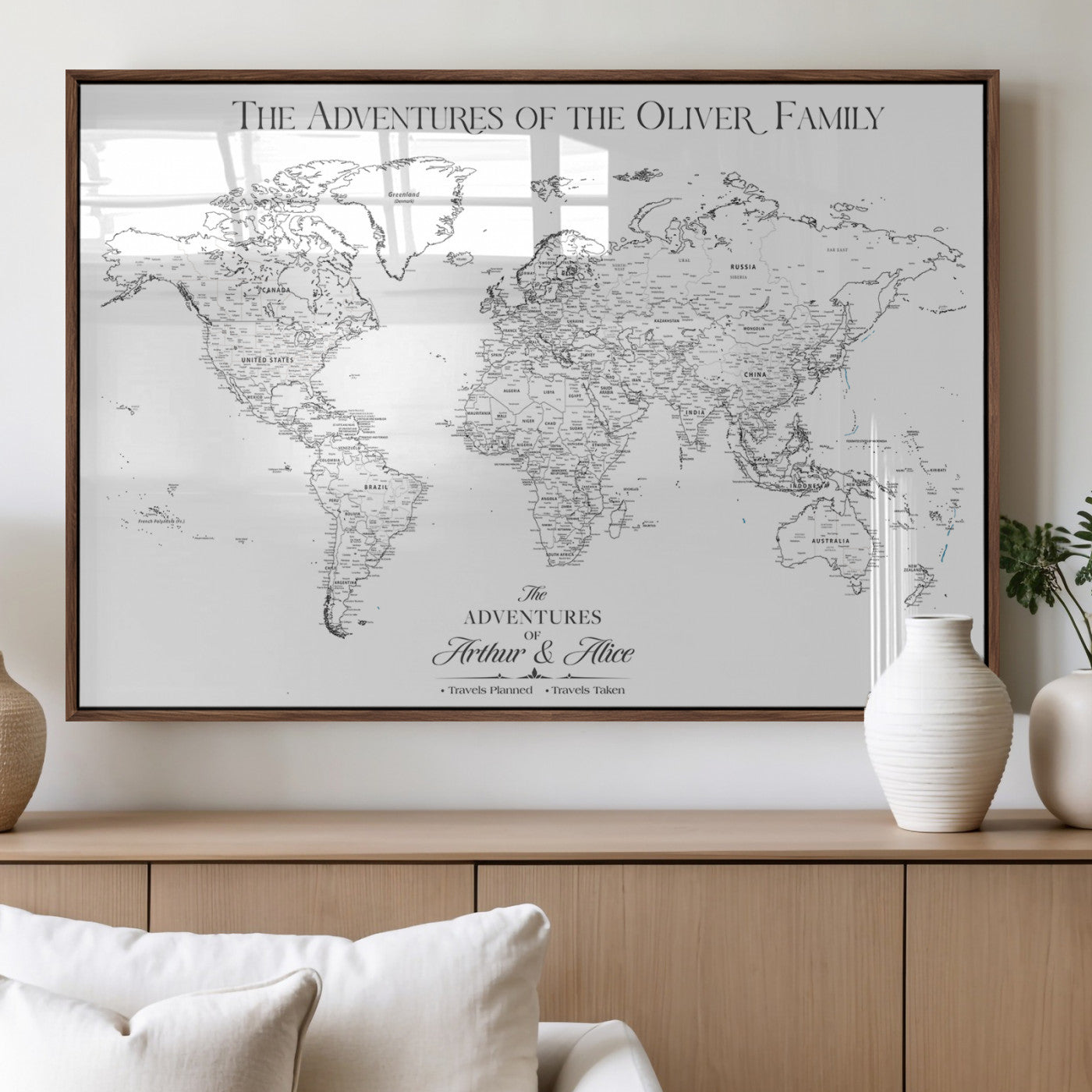 21029247-MGV-FP-36X24-3P_Walnut-Minimalist World Map Wall Art – Black and White Travel Adventure Print, Modern Family Travel Map Decor for Living Room, Bedroom,