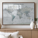TEST111-MGV-FP-36X24-3P_Walnut-Personalized Adventure Awaits Push Pin World Map – Custom Framed Travel Tracker Canvas Wall Art for Home, Office