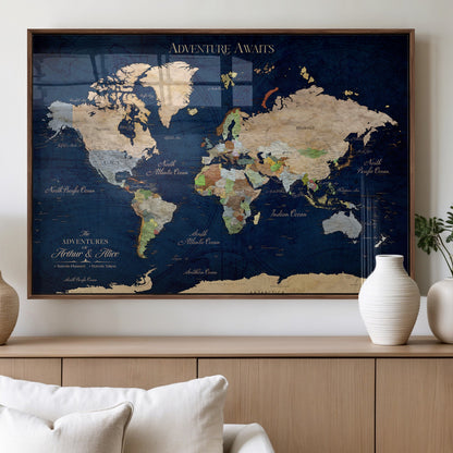 43160428-MGV-FP-36X24-3P_Walnut-Adventure Awaits Navy Blue World Map – Vibrant Travel Canvas Wall Art, Antique Atlas Print, Wanderlust Decor for Home Office