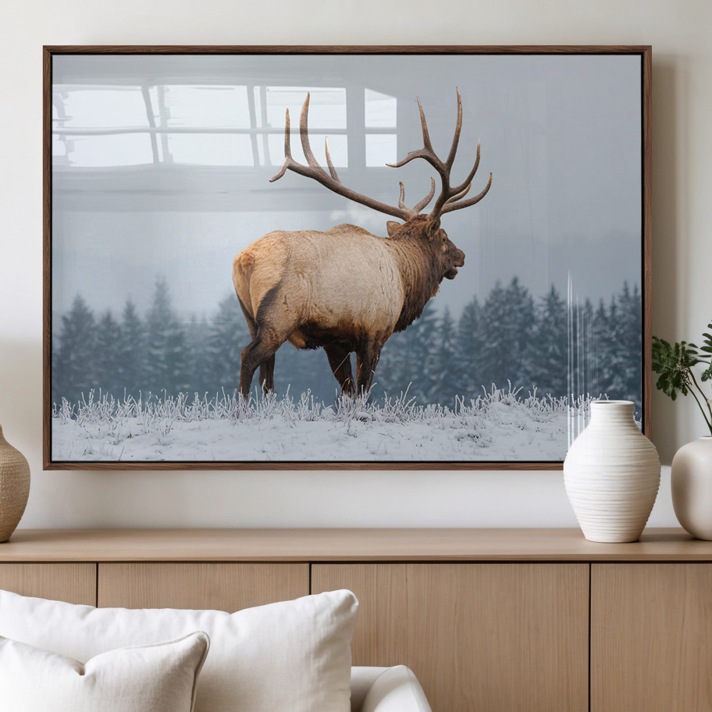 85177251-MGV-FP-36X24-3P_Walnut-Elk Wall Art – Majestic Wildlife Canvas Print of Bull Elk Snowy Forest, Rustic Nature Decor for Living Room, Cabin, or Office