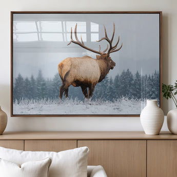 85177251-MGV-FP-36X24-3P_Walnut-Elk Wall Art – Majestic Wildlife Canvas Print of Bull Elk Snowy Forest, Rustic Nature Decor for Living Room, Cabin, or Office