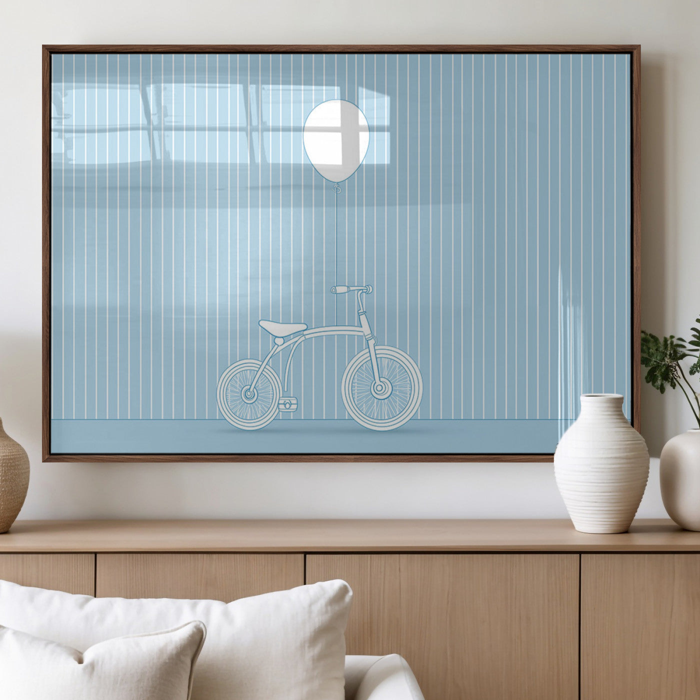 56479838-MGV-FP-36X24-3P_Walnut-Bicycle Wall Art – Minimalist Blue Canvas Print with Balloon Illustration, Modern Decor Artwork for Kids Room, Nursery, or Living