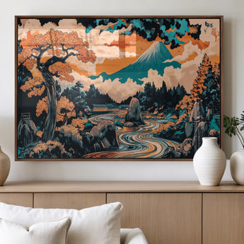 21638941-MGV-FP-36X24-3P_Walnut-Japanese Landscape Wall Art – Mount Fuji and Flowing River Ukiyo-e Style Canvas Print, Traditional Japan Inspired Artwork for