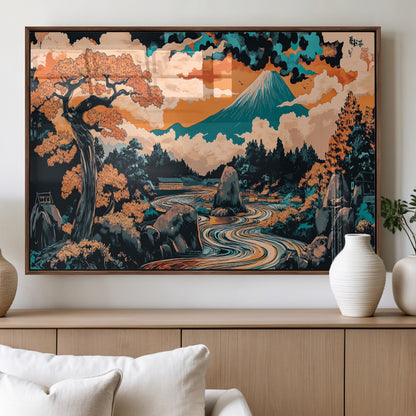 21638941-MGV-FP-36X24-3P_Walnut-Japanese Landscape Wall Art – Mount Fuji and Flowing River Ukiyo-e Style Canvas Print, Traditional Japan Inspired Artwork for