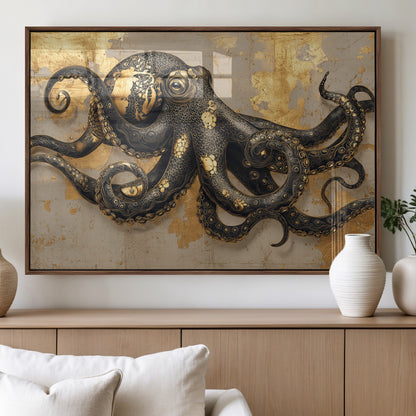 57944271-MGV-FP-36X24-3P_Walnut-Octopus Wall Art – Black and Gold Nautical Canvas Print, Modern Ocean Inspired Artwork with Elegant Detailing, Coastal Marine