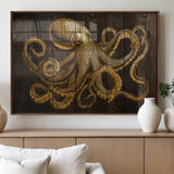 56769669-MGV-FP-36X24-3P_Walnut-Octopus Wall Art – Gold Nautical Canvas Print with Rustic Wood Panel Design, Detailed Marine Artwork for Coastal Ocean Decoration