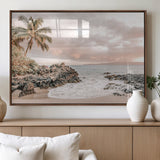 18005328-MGV-FP-60X30-3P_Walnut-Tropical Beach Canvas Wall Art – Palm Tree, Rocky Shoreline, Ocean Waves, Sunset Clouds, Calm Sea, Island Nature Relaxation for