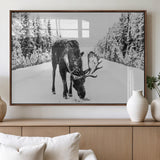 38956835-MGV-FP-60X30-3P_Walnut-Moose Winter Snowy Forest Canvas Wall Art – Wildlife Nature, Antlers in Frozen Landscape, Quiet Path, Cold Season Outdoors Print