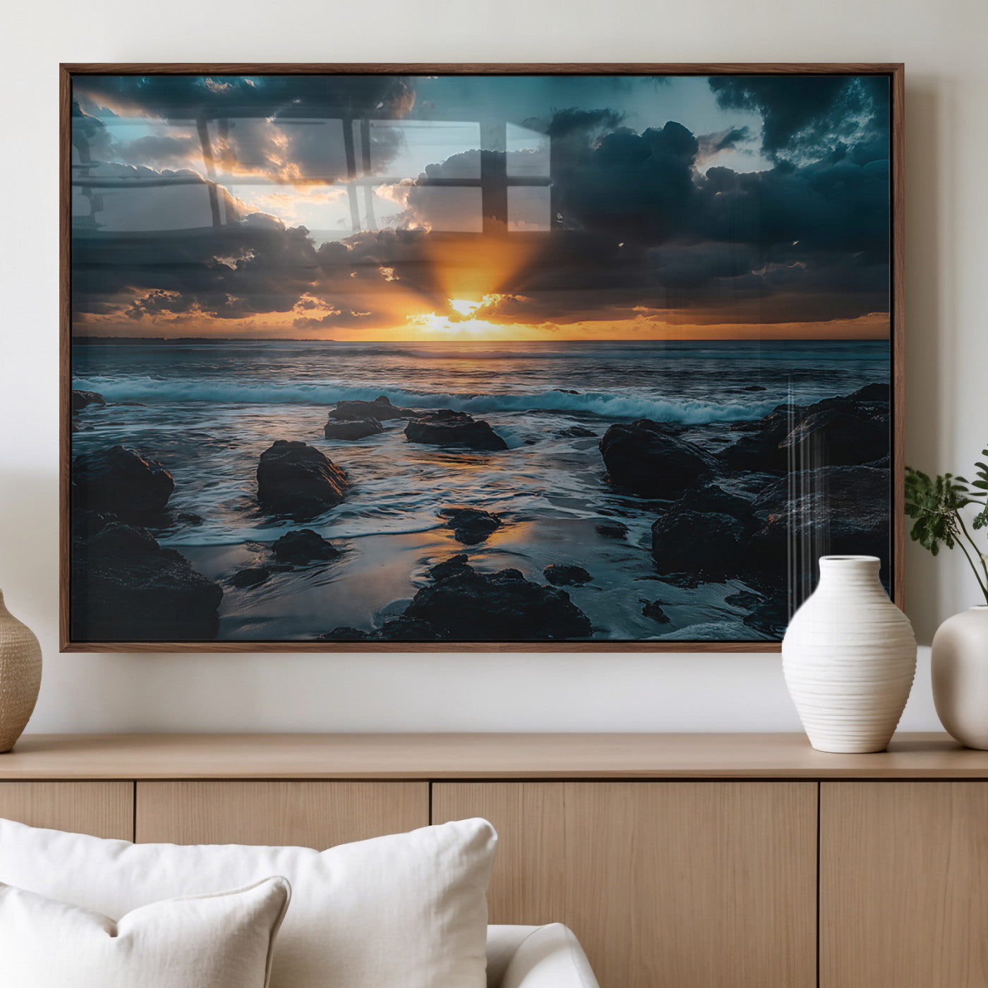 66040852-MGV-FP-60X30-3P_Walnut-Ocean Sunset Canvas Wall Art – Rocky Shore Waves, Dramatic Clouds, Golden Sun Rays, Coastal Nature, Serene Water Reflection for
