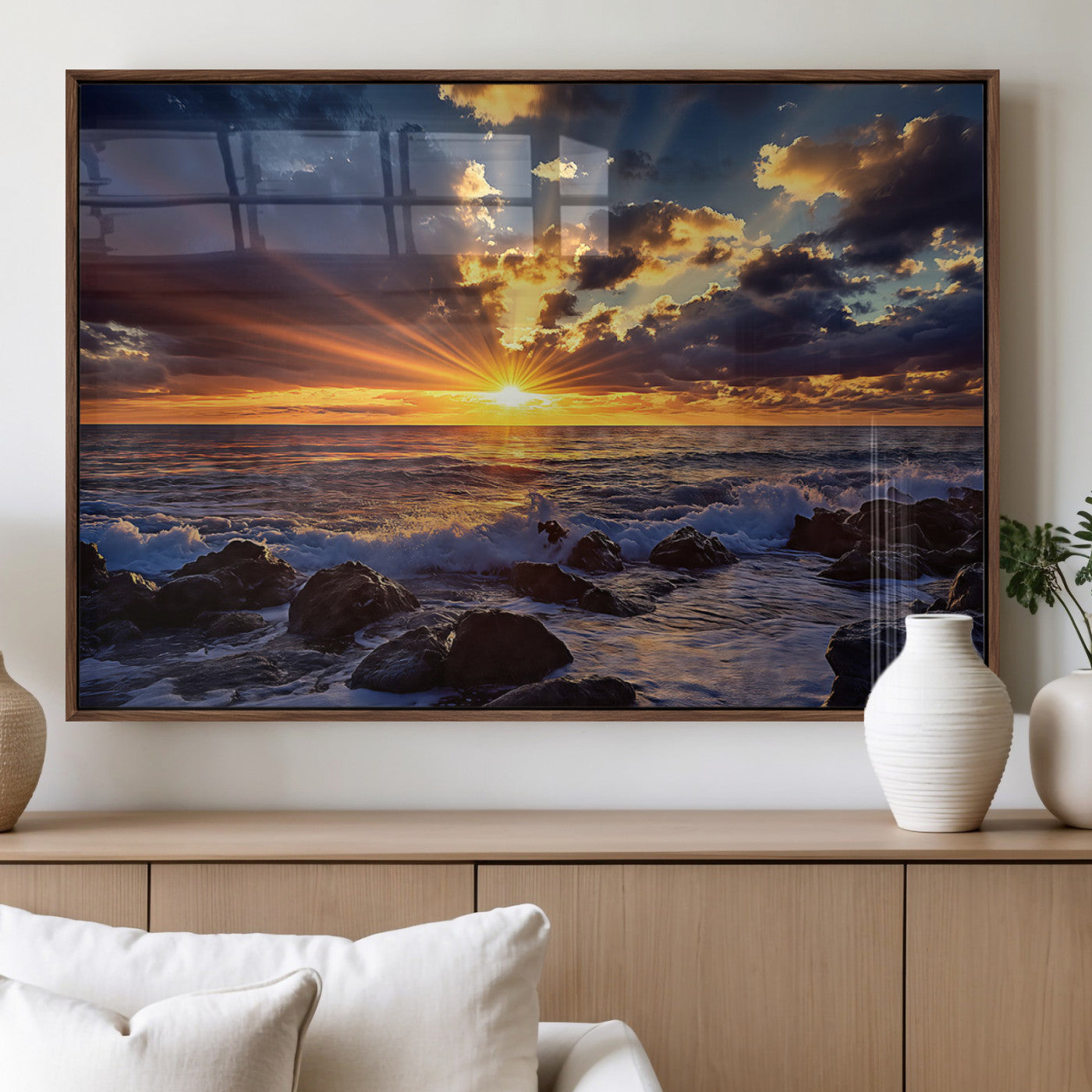35900590-MGV-FP-60X30-3P_Walnut-Sunset Ocean Waves Canvas Wall Art – Rocky Shore, Dramatic Sky, Golden Sun Rays, Coastal Beauty, Serene Water Motion for Living