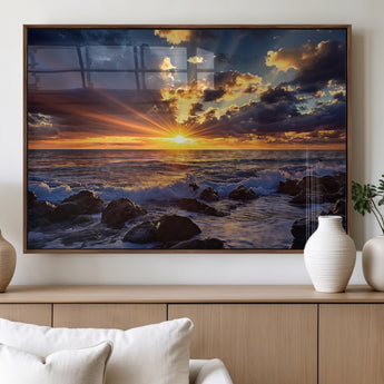35900590-MGV-FP-36X24-3P_Walnut-Ocean Sunset Wall Art – Vivid Seascape Canvas Print with Sunburst Sky, Crashing Waves and Rocky Shore, Dramatic Coastal