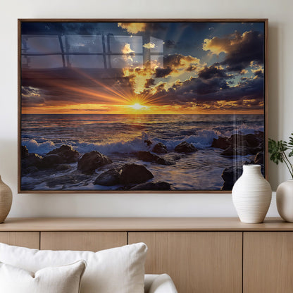 35900590-MGV-FP-36X24-3P_Walnut-Ocean Sunset Wall Art – Vivid Seascape Canvas Print with Sunburst Sky, Crashing Waves and Rocky Shore, Dramatic Coastal