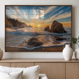 85659923-MGV-FP-60X30-3P_Walnut-Rocky Ocean Sunset Canvas Wall Art – Seaside Dramatic Seascape Print, Coastal Modern Decor, Ocean Sunset Art for Living Room or