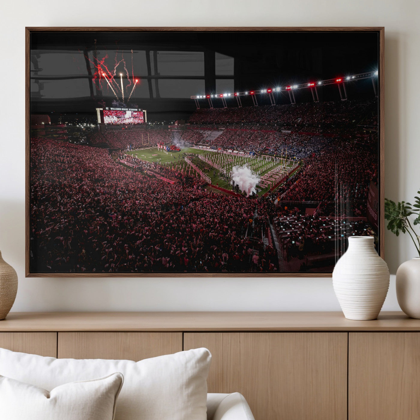 60690191-MGV-FP-36X24-3P_Walnut-Stadium Wall Art – Night Game Football Canvas Print with Fireworks, Marching Band and Crowd, Panoramic Sports Photography for Man