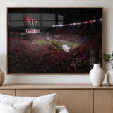 60690191-MGV-FP-36X24-3P_Walnut-Stadium Wall Art – Night Game Football Canvas Print with Fireworks, Marching Band and Crowd, Panoramic Sports Photography for Man