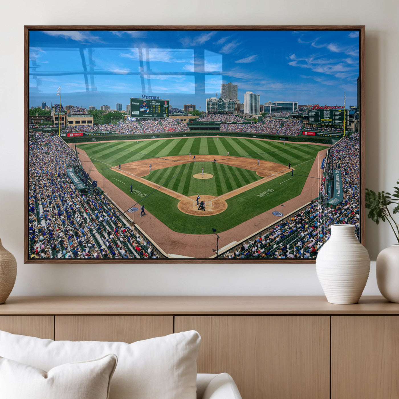 35800083-MGV-FP-60X30-3P_Walnut-Wrigley Field Baseball Stadium Canvas Wall Art – Packed Crowd Sports Stadium Print, City Skyline Baseball Field Canvas for Game