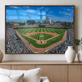 56213978-MGV-FP-60X30-3P_Walnut-Wrigley Field Baseball Stadium Canvas Wall Art – Packed Crowd Sports Stadium Print, City Skyline Baseball Field Canvas for Game