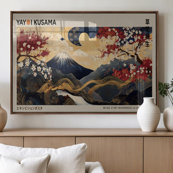 66892669-MGV-FP-60X30-3P_Walnut-Yayoi Kusama Japanese Inspired Canvas Print – Mt. Fuji & Floral Scene Wall Art, Framed Asian Style Canvas for Home, Office or