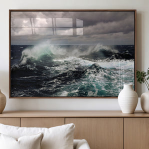 38622353-MGV-FP-60X30-3P_Walnut-Stormy Ocean Waves Canvas Wall Art – Framed Turbulent Sea Print, Large Nature Canvas for Coastal, Living Room, or Office Spaces