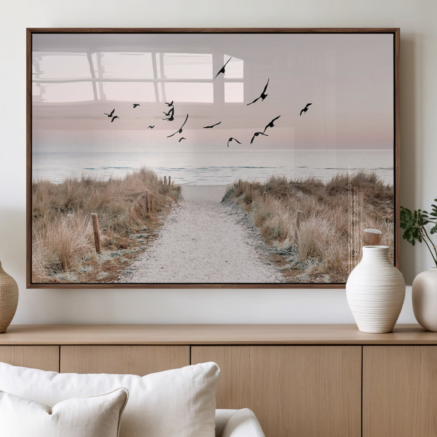 34632598-MGV-FP-60X30-3P_Walnut-Coastal Pathway Canvas Wall Art – Framed Seaside Landscape, Large Beach and Birds Canvas Print for Home, Office, or Living Room